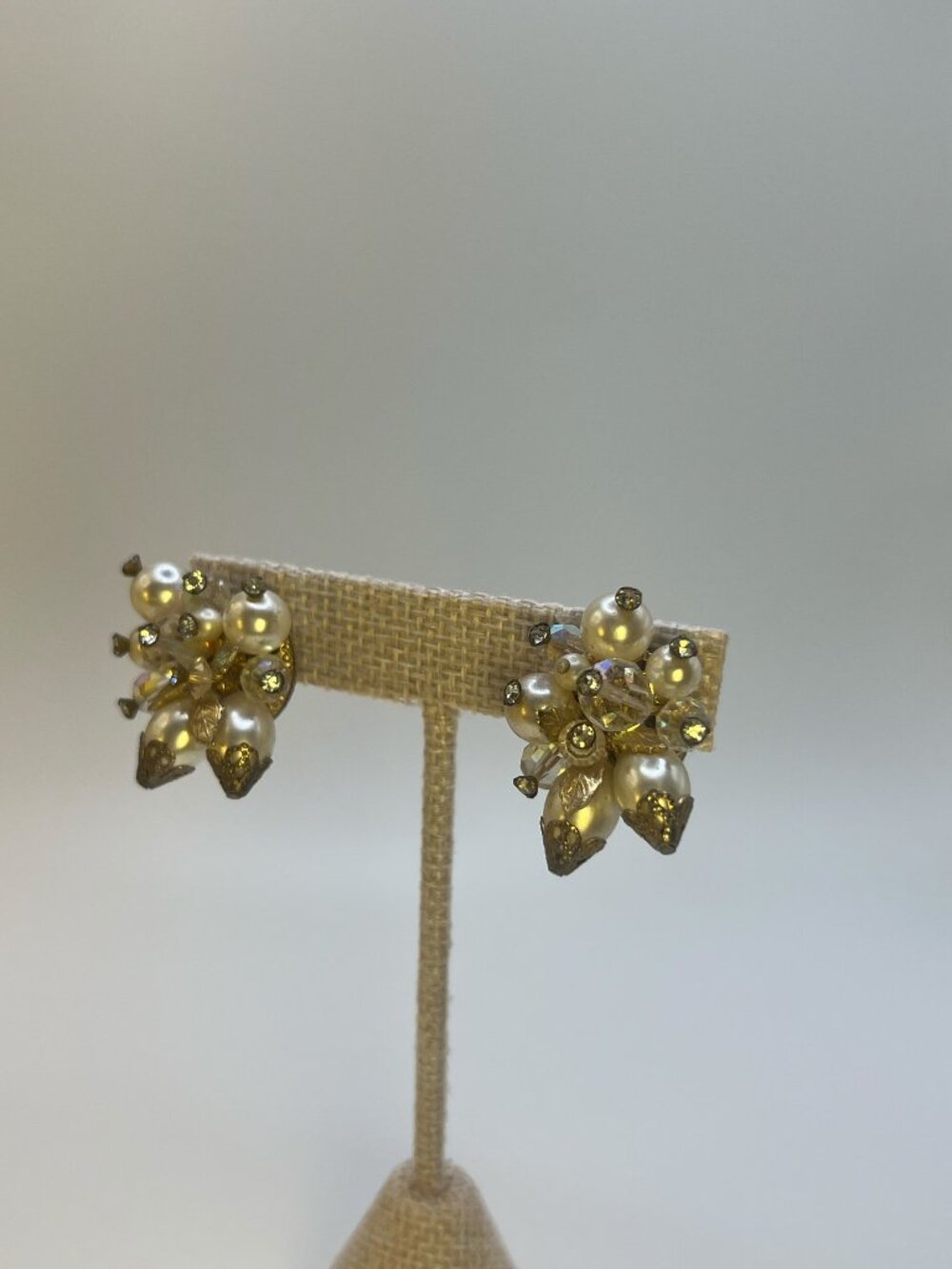 Vintage Signed Vendome Faux Pearl & AB Crystal Floral Cluster Clip-On Earrings